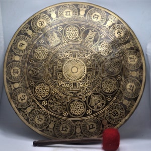 Extra Large Tibetan Mantra Carved Gong-Flower of Life Gong-Sound Healing-Sound Therapy Gong-Deep Vibrating Gong-Handmade Gong in Nepal