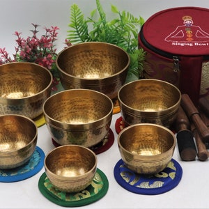 Set of 7 Hand hammer Tibetan Handmade 7 pieces singing bowl for sound healing, meditation, yoga and sound balancing. image 3