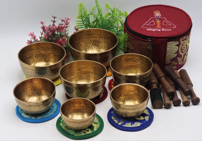 Set of 7 Hand hammer Tibetan Handmade 7 pieces singing bowl for sound healing, meditation, yoga and sound balancing. image 3