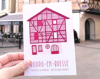 Hand-illustrated postcard from Bourg-en-Bresse: half-timbered house rue des bon enfants