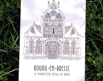 Hand-illustrated postcard from Bourg-en-Bresse: The royal monastery of Brou