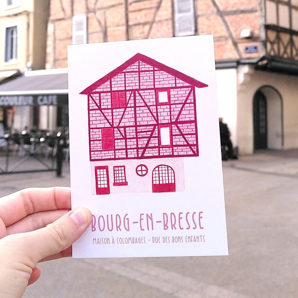 Handillustrierte Postkarte aus Bourg-en-Bresse: Fachwerkhaus rue des bon enfants