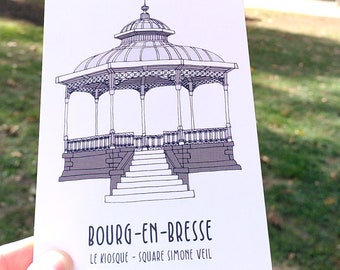 Postcard from Bourg-en-Bresse illustrated by hand: The kiosk square Simone Veil