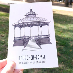 Carte postale de Bourg-en-Bresse illustrée à la main : Le kiosque square Simone Veil