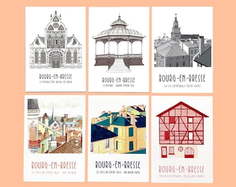 Set of 6 illustrated postcards of Bourg-en-Bresse - tourist postcards