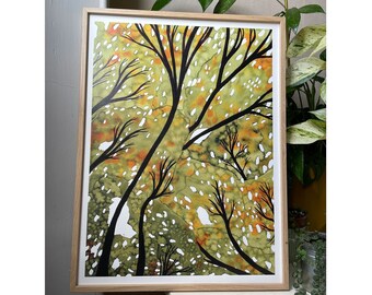 May include: Framed watercolor painting of a forest scene with trees in shades of green, yellow, and orange. The trees are painted in a stylized manner, with their branches reaching up towards the sky.