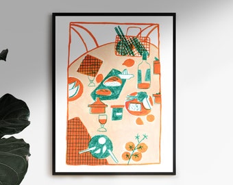 Pôster com ilustração de natureza morta - rosa laranja turquesa