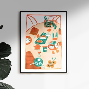 Affiche illustration nature morte - rose orange turquoise