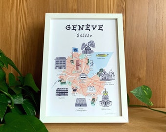 Poster illustrated map of Geneva - illustration