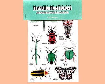 Folha de adesivos de pequenos insetos maravilhosos: 9 mini adesivos decorativos fabricados na França