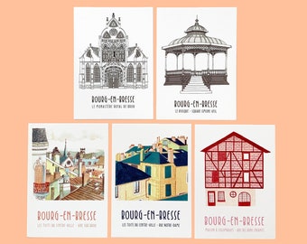 Set of 5 illustrated postcards from Bourg-en-Bresse - tourist postcards