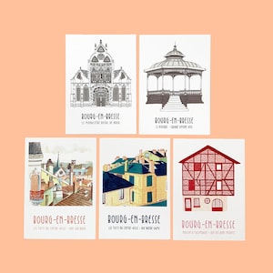 Set of 5 illustrated postcards from Bourg-en-Bresse - tourist postcards