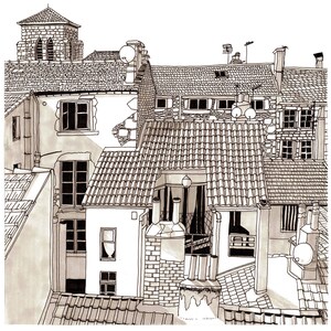 May include: A black and white ink drawing of a series of buildings with tiled roofs. The drawing shows the rooftops and chimneys of the buildings, with some windows visible.