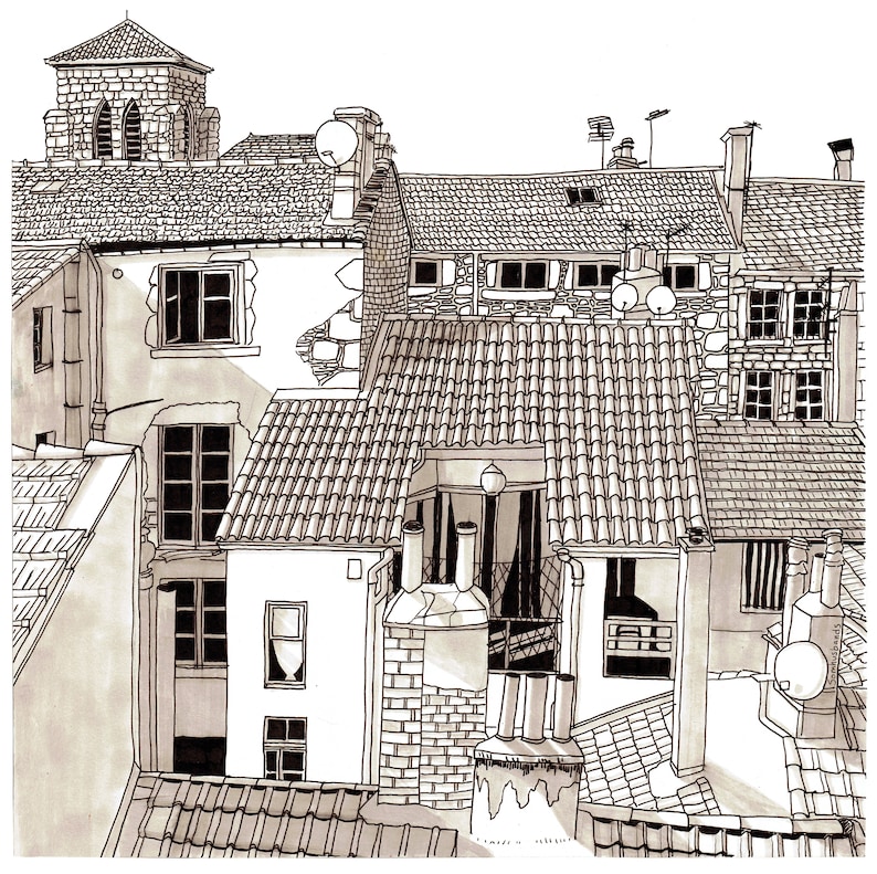 May include: A black and white ink drawing of a series of buildings with tiled roofs. The drawing shows the rooftops and chimneys of the buildings, with some windows visible.
