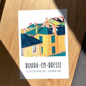 Hand-illustrated postcard of Bourg-en-Bresse: The rooftops of the town center, rue Notre-Dame
