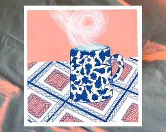 Square illustrated postcard: Steaming cup