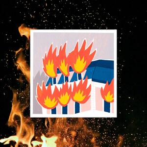 Carte postale illustrée carrée : immeuble en feu