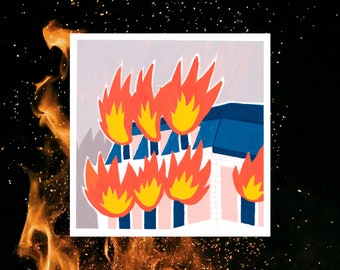 Square illustrated postcard: building on fire