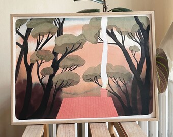 May include: A watercolor painting of a red roofed house with a white chimney, surrounded by dark green trees against a peach colored sky.