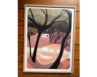 May include: A framed illustration of a white house nestled in a forest of dark trees. The trees are silhouetted against a pink and orange sky.