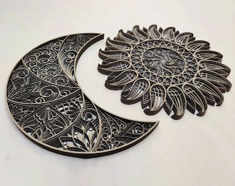 Laser cut multi-layer the moon and the sun mandala 3D SVG bundle glowforge wall art svg files Vector laser template puzzle Eps, Cdr, DXF cnc