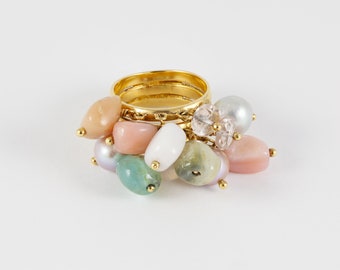 Tous ring in 18k yellow gold with quartz and pearls