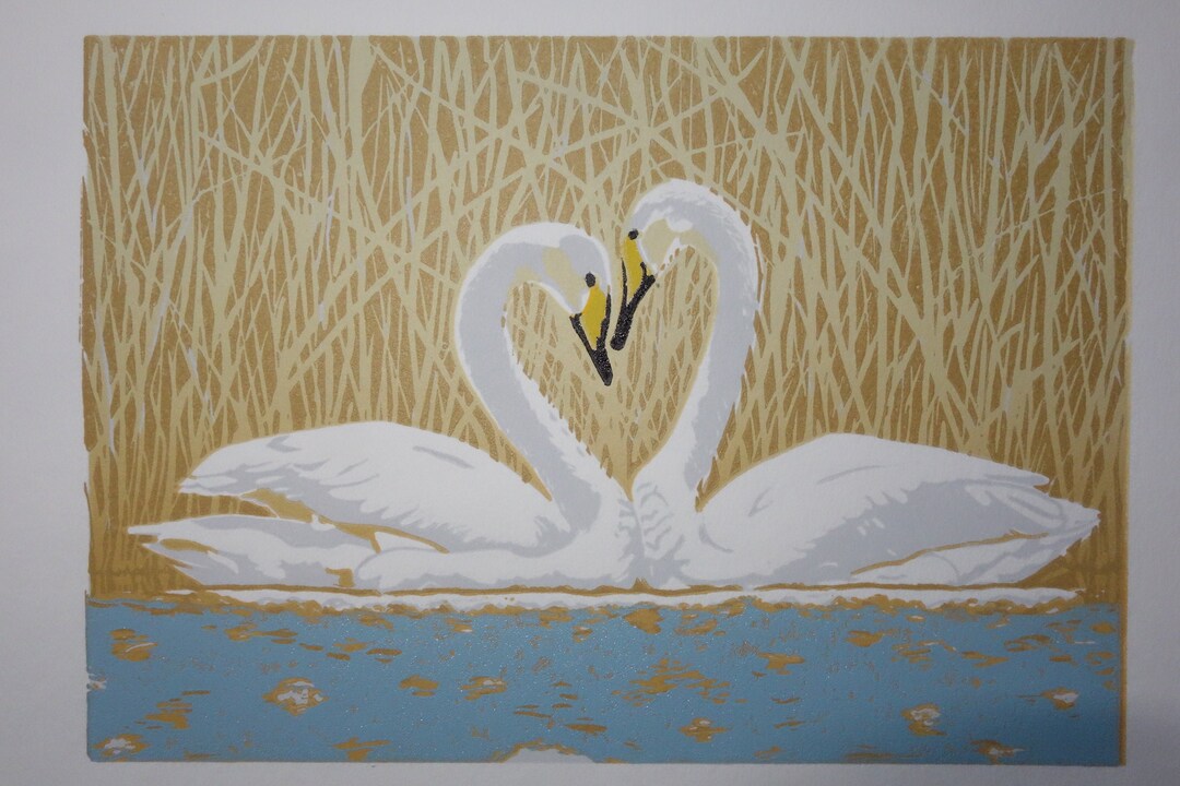 Linocut, Swan Lake, Whooper Swans, Love, Lake, Pond, Hand Printed