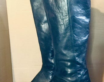 Black leather boots, knee high, Retro, Super soft REAL leather, Vintage style ladies heel...