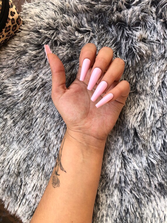 Baby Pink Press On Fake Nails Acrylic Look Hand Painted Etsy