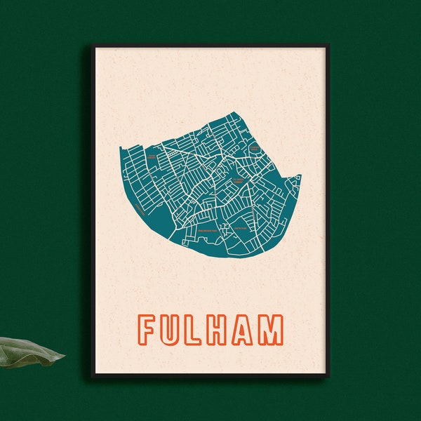 Impresión de mapas Fulham // Mapa de Fulham Print // Impresiones digitales // Mapa de Londres // Impresión del municipio // London District // British Wall Art