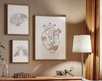 Medical  line art set of 3 wall art prints beige, Brain poster prints, Anatomical heart art, Lung art doctor gift, BOHO human anatomy art