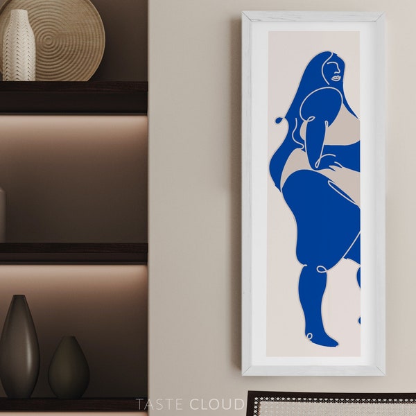 Body Positive Art Print | Curvy Woman Digital Poster | Vertical Long Tall Narrow Wall Art Poster | Royal Blue Female Form Art