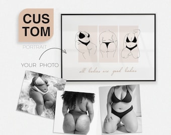 CUSTOM portrait female body line art DIGITAL poster, Personalized prints body positive line art print, Customized female form art print