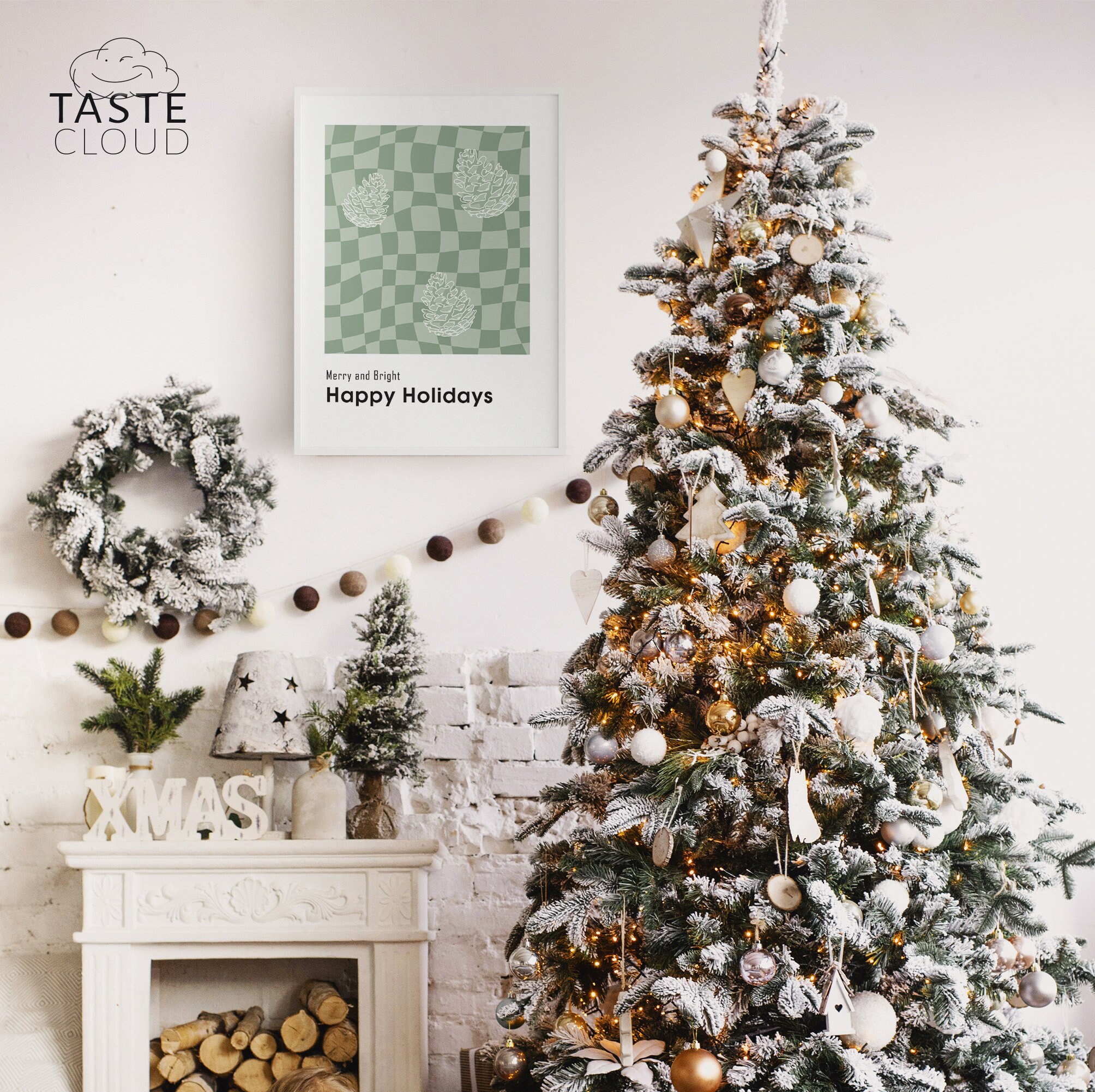 Checkered sage green Christmas wall art printable print PINE Etsy