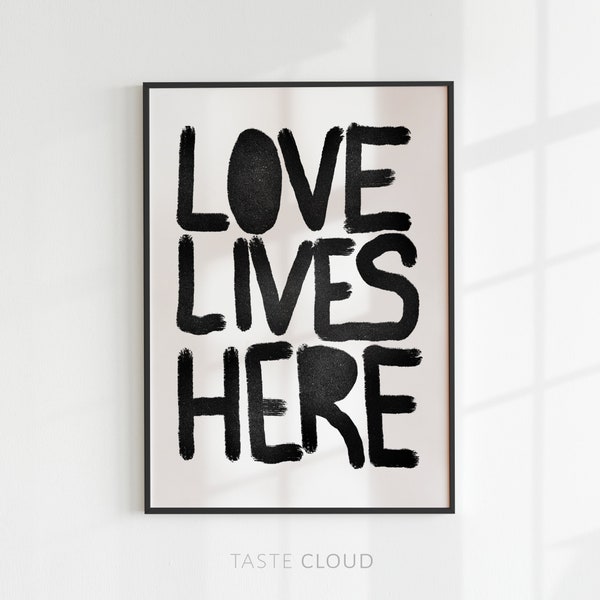 Typography Print Digital | LOVE LIVES HERE | Quote Print Wall Art | Pinterest Wall Art | Mid Century Modern Decor Living Room