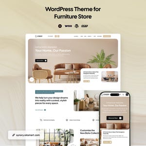 Puede incluir: Una vista previa digital de un tema de WordPress para una tienda de muebles llamada Synory, que muestra el diseño de un sitio web en una pantalla de escritorio y un teléfono móvil. La interfaz presenta un sofá de cuero marrón, una silla de ratán y texto.