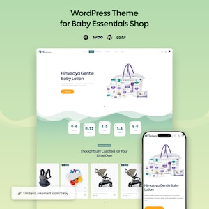 Può includere: Un mockup digitale di un tema WordPress per un negozio di articoli per neonati, che presenta un layout del sito web con una sezione hero per la lozione Himalaya Gentle Baby, icone di navigazione per età e una griglia di prodotti.