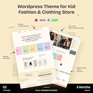 May include: A WordPress theme for a kid fashion and clothing store, featuring a website layout with pastel-colored category boxes, product images, and text. The design includes labels for header customization, one-click demo import, and smooth animation.
