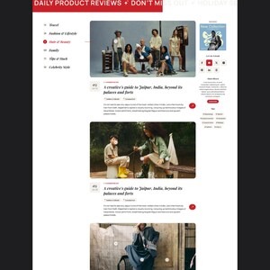 May include: A website design with a dark background and white content. The top section shows a woman reaching out, with text saying "Chic travel accessories to take with you on your next flight." Below are article previews.