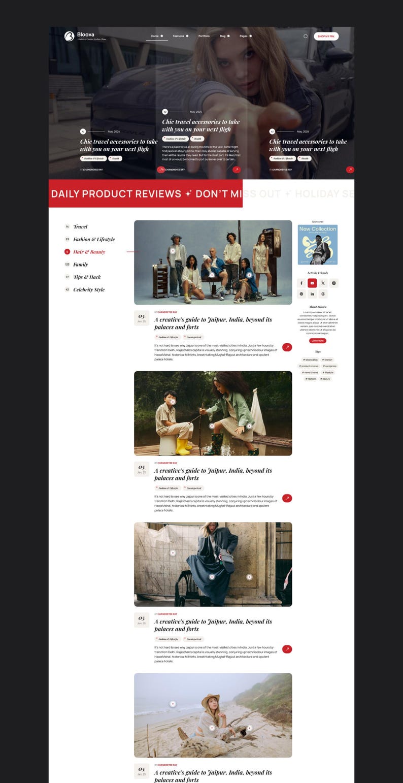 May include: A website design with a dark background and white content. The top section shows a woman reaching out, with text saying "Chic travel accessories to take with you on your next flight." Below are article previews.