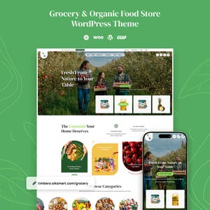Puede incluir: Una visualización digital de un tema de WordPress para tienda de comestibles orgánicos que presenta un diseño de sitio web con una sección principal que muestra personas en un huerto, categorías de productos y una vista móvil. El texto dice Fresh From Nature to Your Table.