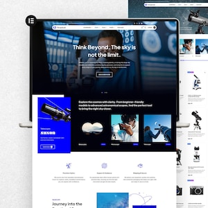 May include: A laptop screen showing an e-commerce website selling astronomical equipment. The site features telescopes, microscopes, and binoculars. Text on the screen reads "Think Beyond. The sky is not the limit." and "Explore the cosmos."