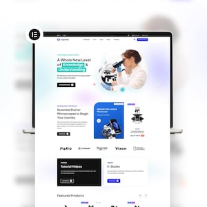 Tema moderno de WordPress WooCommerce para tiendas de equipos de laboratorio de microscopía, plantillas web de suministros médicos y diseño de sitios web de comercio electrónico para laboratorios.