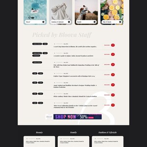 May include: A website design with a dark background and white text. The website features articles on travel, fashion, and lifestyle. The text "SHOP NOW 50%" is visible at the bottom of the page.