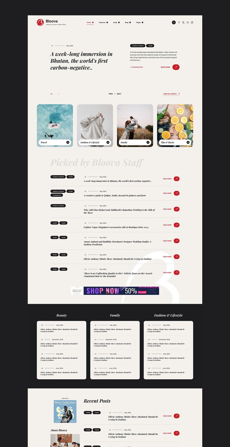 May include: A website design with a dark background and white text. The website features articles on travel, fashion, and lifestyle. The text "SHOP NOW 50%" is visible at the bottom of the page.