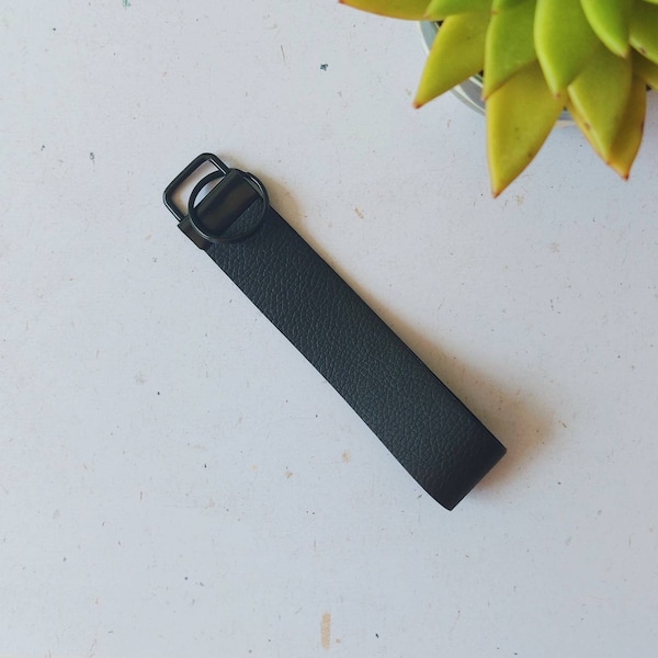 Charcoal Black Faux Leather Keychain Wristband with Plain Leather - Gift for Him