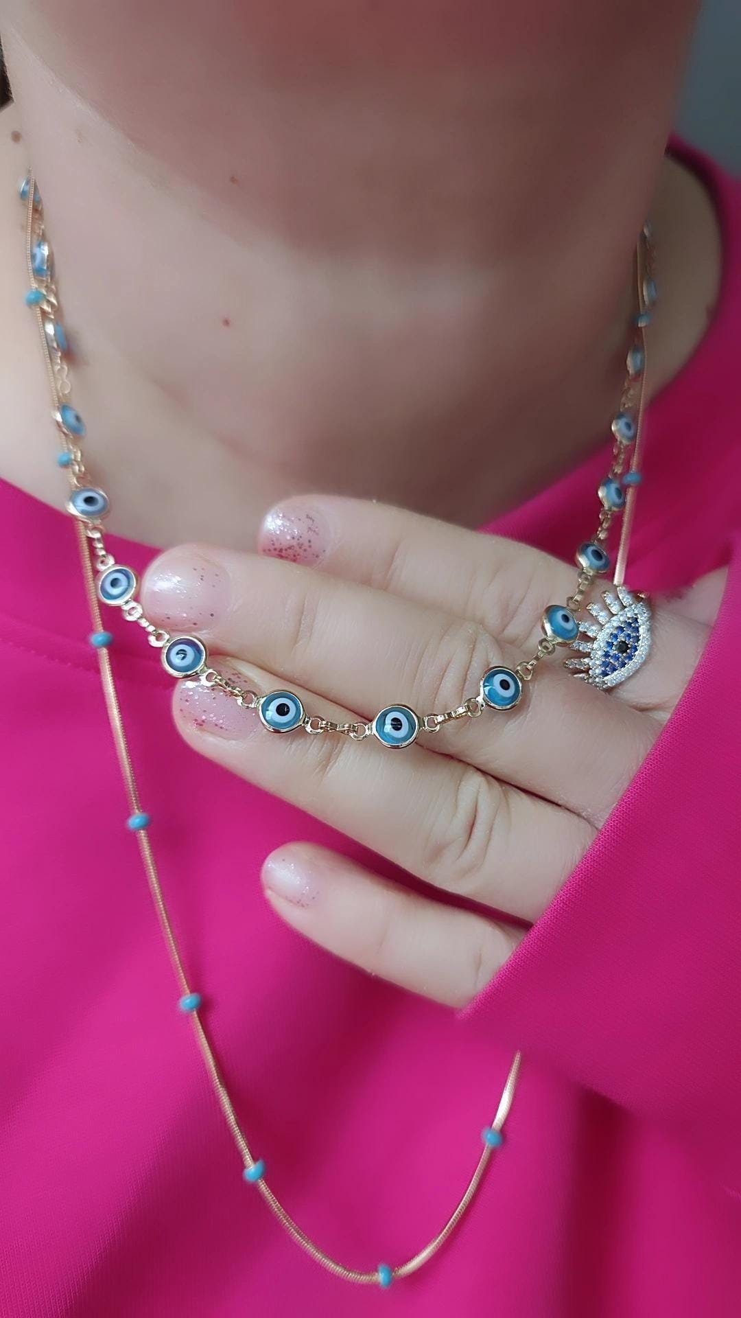 Evil Eye Gold Necklace, Multiple Evil Eye Necklace, Multi Blue Evil Eye