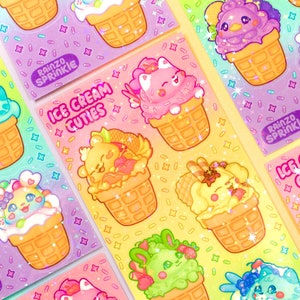 Hoja de calcomanías de helado de arcoíris ~ Papelería holográfica de colores brillantes ~ Decoración de animales kawaii para amigos por correspondencia ~ Lindo perro, gato, conejito, pato, oso, conejo, comida