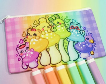 Rainbow Pencil Case ~ Bright Gingham Animal Pouch ~ 90s Kawaii Dog Bear Cat Bunny Duck Stationery ~ Cute Cottage Core Toadstool Canvas Bag