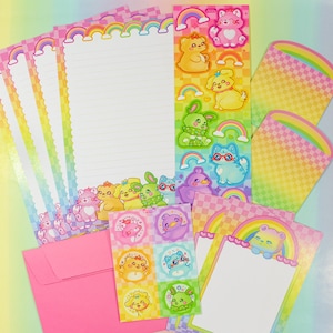 Conjunto de cartas de animais arco-íris ~ Kit de correspondência fofa e feliz ~ Papel de carta xadrez kawaii dos anos 90 ~ Papelaria colorida ~ Pato, cachorro, coelho, gato, urso